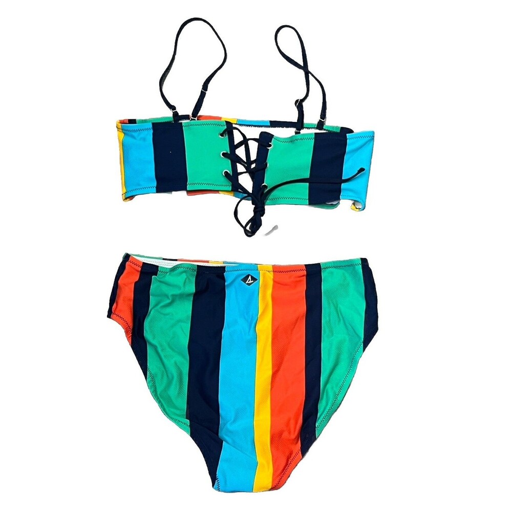 Sperry High Waist Bandeau Bikini 2 Piece XL Coastal Preppy Striped Lace Up Back - Picture 2 of 14